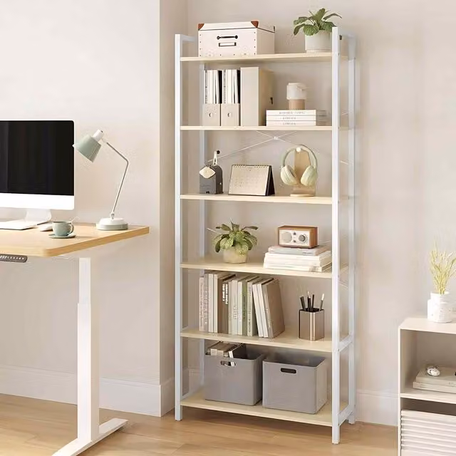The Bazaarist 6 Tier Industrial Bookcase with Metal Frame in Beige and White