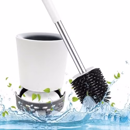 Nicoman Round Toilet Brush and Holder Set with Silicone Head and Diatomite Drying Pad, White and Grey