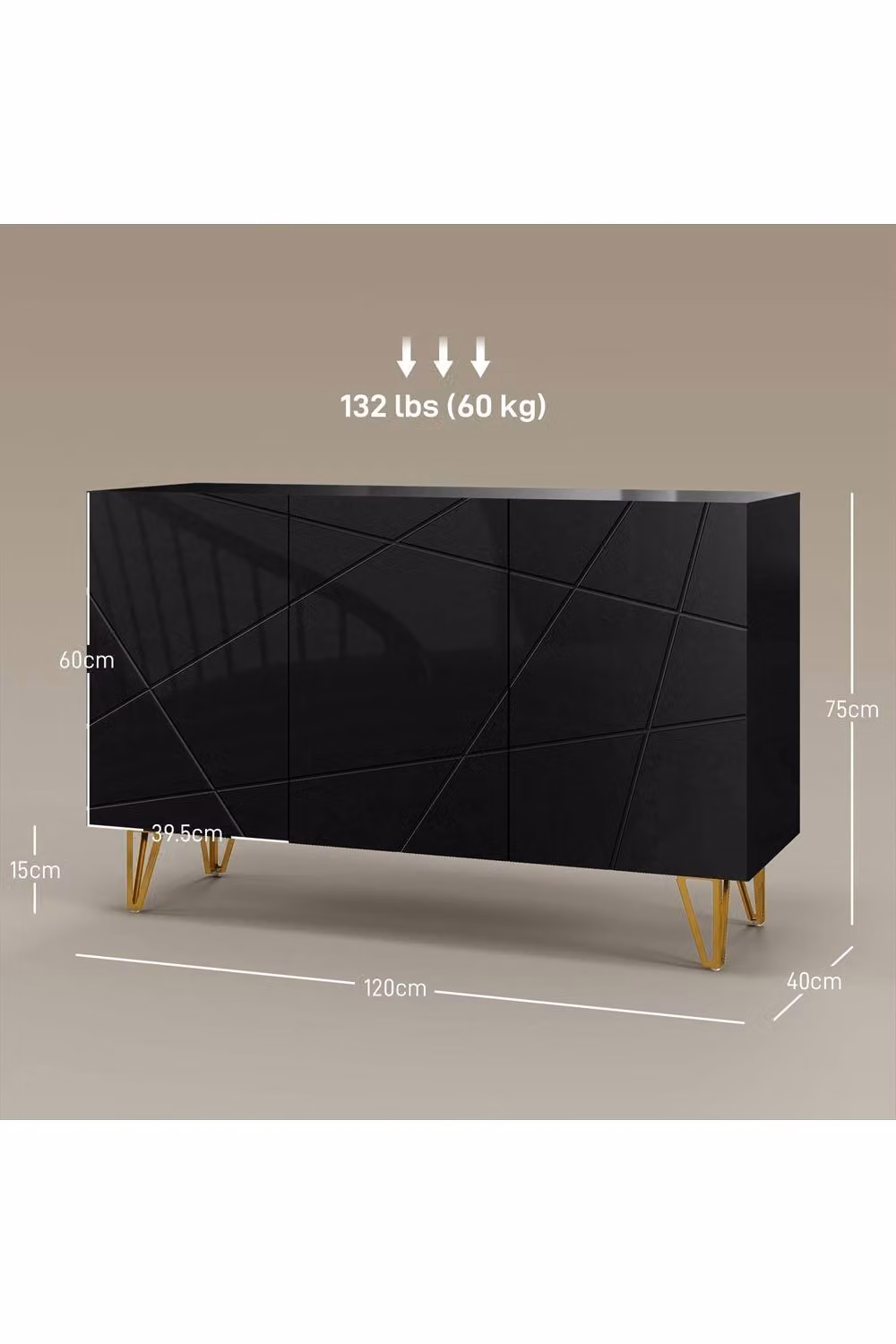 ERGOVEXA Modern Luxe High Gloss Sideboard in Black and Gold, W: 120 cm, H: 75 cm, D: 40 cm – 2