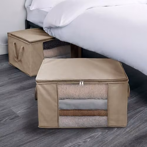 OHS 2 Pack Underbed Storage Bags with Lid and Handles, 90.3L Foldable Fabric Organisers in Beige – 2