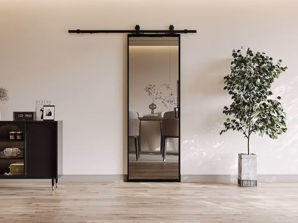 Vente-unique Modern Black Aluminium and Smoked Tempered Glass Sliding Pocket Door System – 2