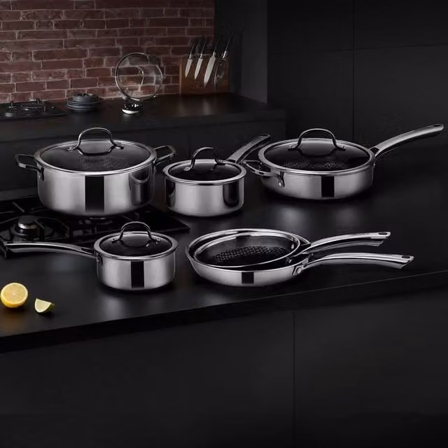 EONLION 5 Piece Stainless Steel Frying Pan and Saucepan Set with Lids in Silver