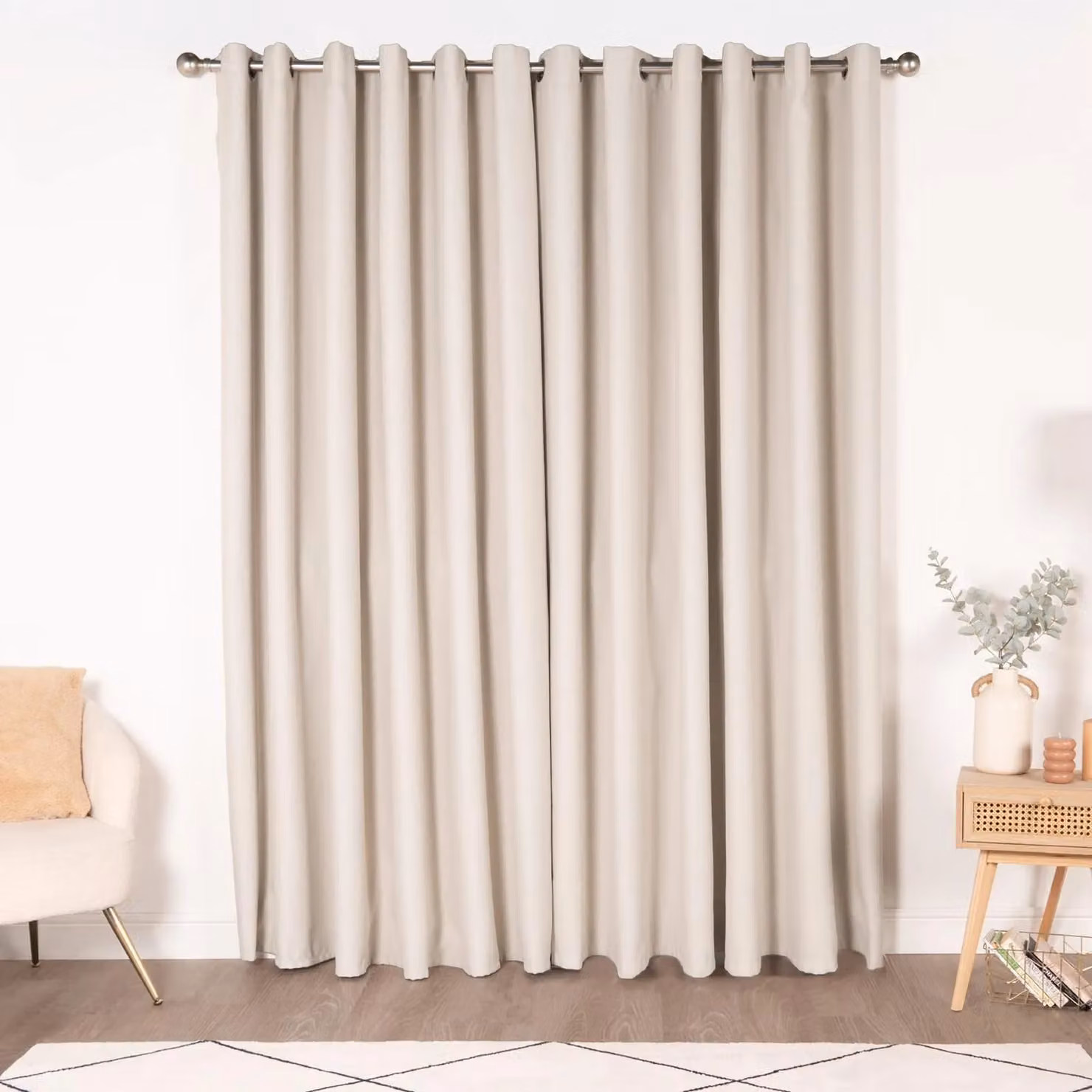 OHS Pair of Thermal Ready Made Eyelet Blackout Curtains in Beige, Width: 167 cm, Drop: 183 cm – 2