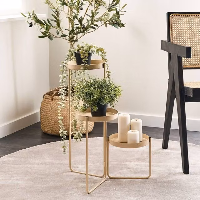 Wyld and Coco 3-Tier Metal Plant Stand in Matt Beige, W/D/H: 21 x 42 x 60 cm