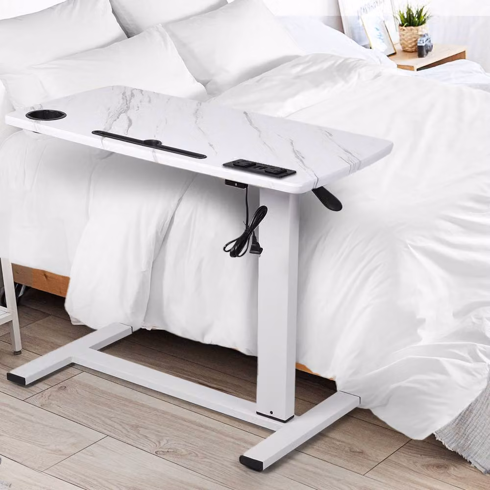 Levede Height Adjustable Mobile Over Bed Desk with Gas Spring Lift and Castors, White, W/D: 80 x 40 cm – 2