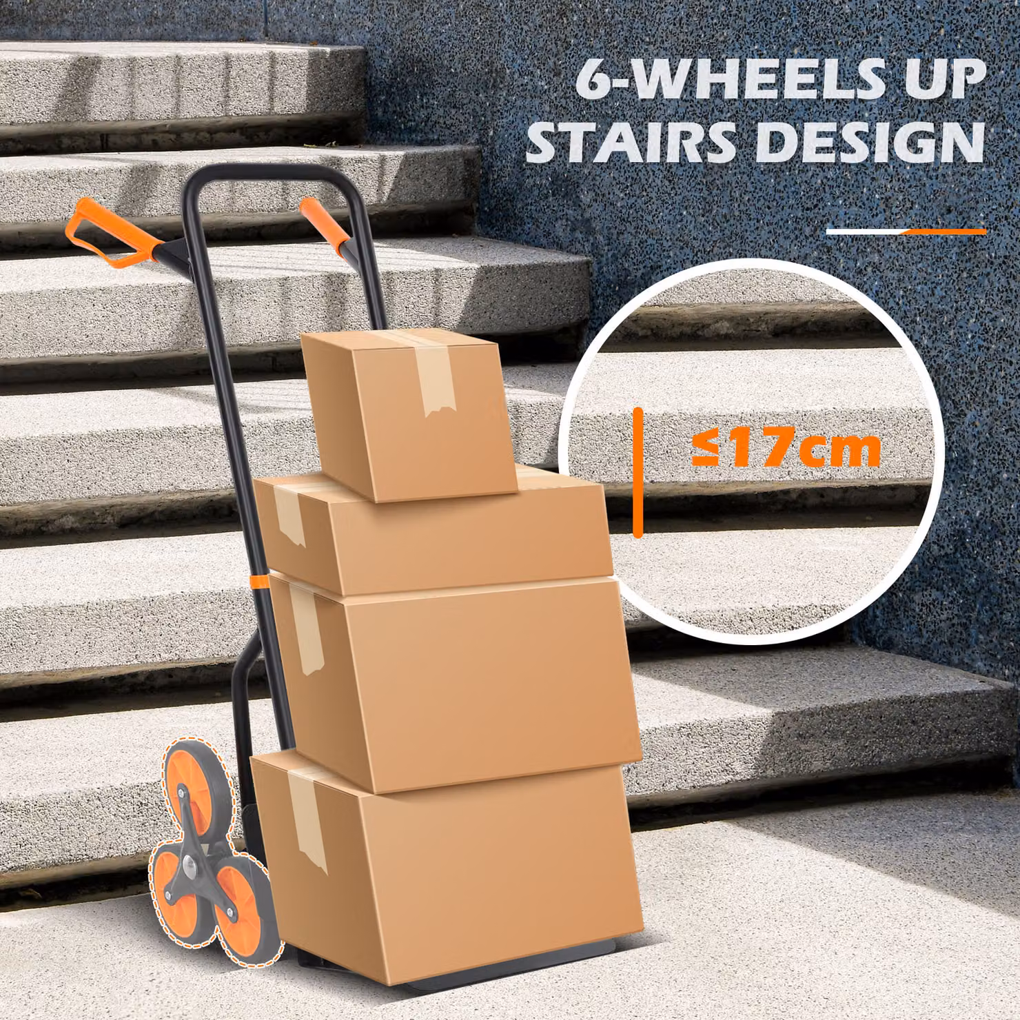 Durhand Steel Foldable 6-Wheel Climbing Stairs Trolley Hand Truck, Orange, 120kg Load Capacity – 5