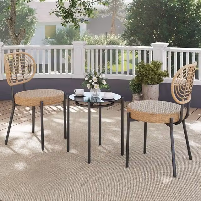 Kelvenix 3 Piece Brown PE Wicker Outdoor Bistro Set with Metal and Glass Details – 1