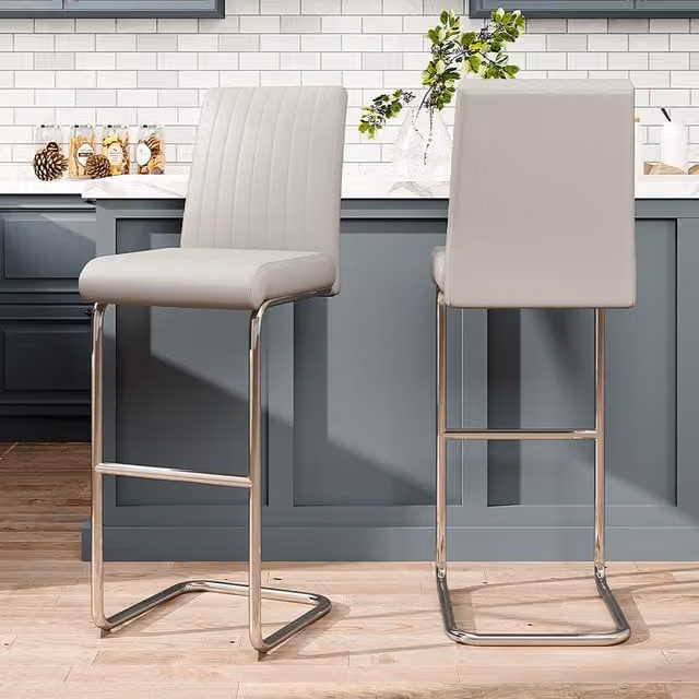 Livingandhome Set of 2 White PU Leather Bar Stools with Metal Cantilever Base