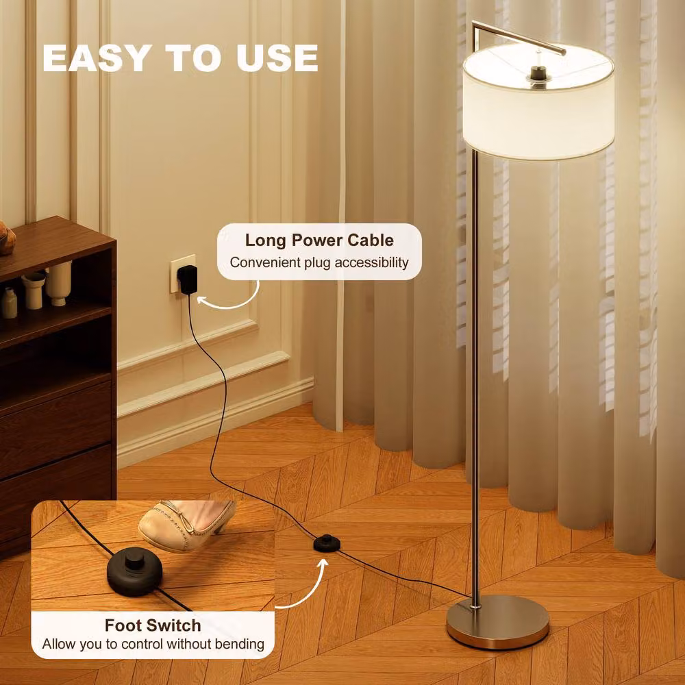 HOMCOM Modern Silver Floor Lamp with White Fabric Cylinder Lampshade, H 153 x W 37 x D 47 cm – 3