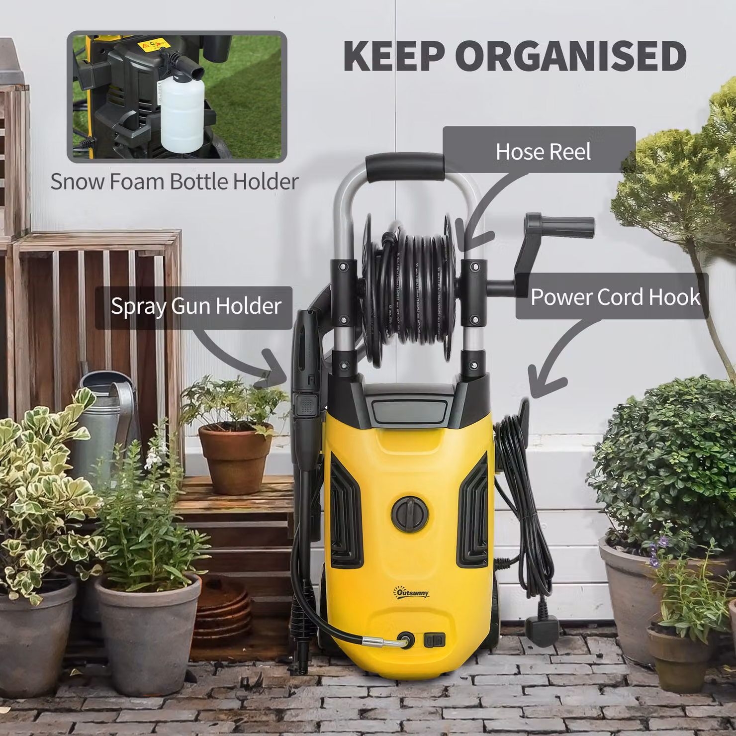 Outsunny 1800W High Pressure Washer, 150 Bar, 420 L/h Flow, Portable Power Washer with Adjustable Nozzle, 6M Hose, Hose Reel and Steel Handle, Yellow – 7