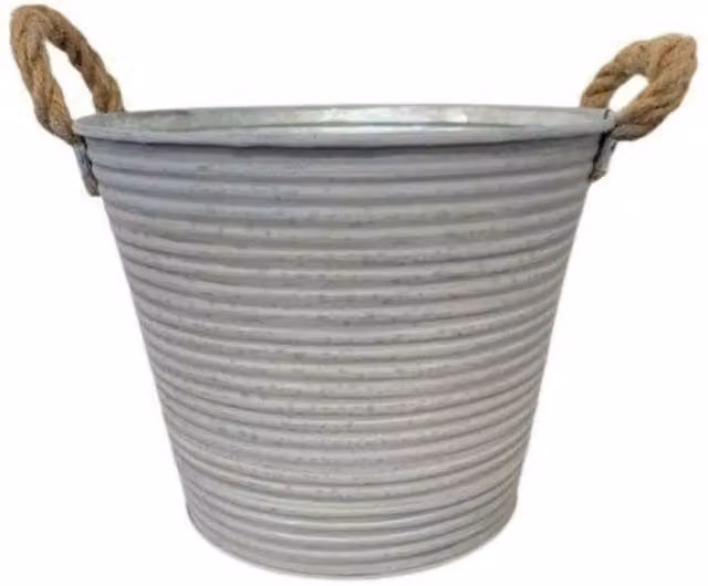 KDMD Grey Antique Ribbed Zinc Planter Pot with Rope Handles