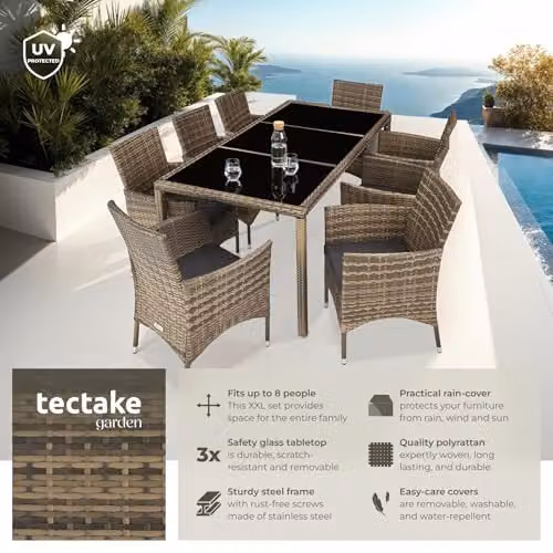 tectake Modern Polyrattan Garden Furniture Set in Nature with 1 Rectangular Glass Dining Table and 8 Chairs with Removable Weather-Resistant Cushions – 2