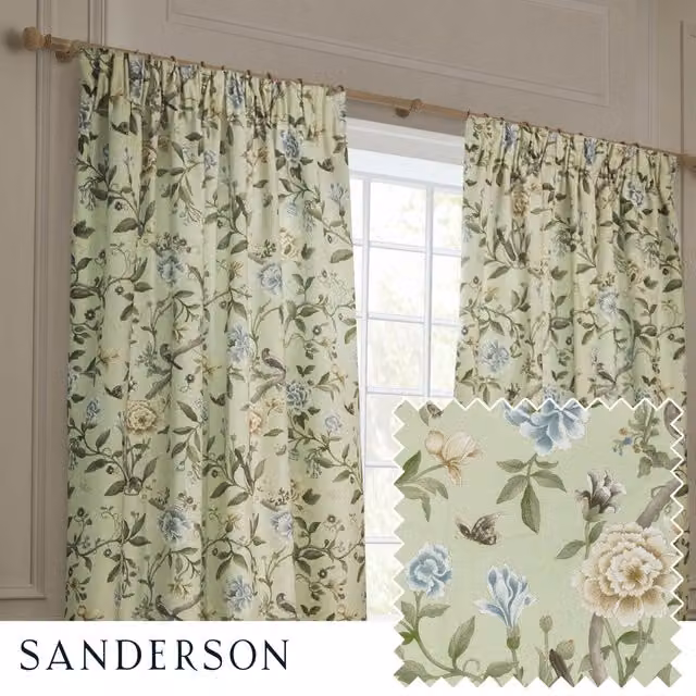 Sanderson Porcelain Garden Floral Printed Chenille Pencil Pleat Curtains in Green, Width: 229 cm, Drop: 229 cm