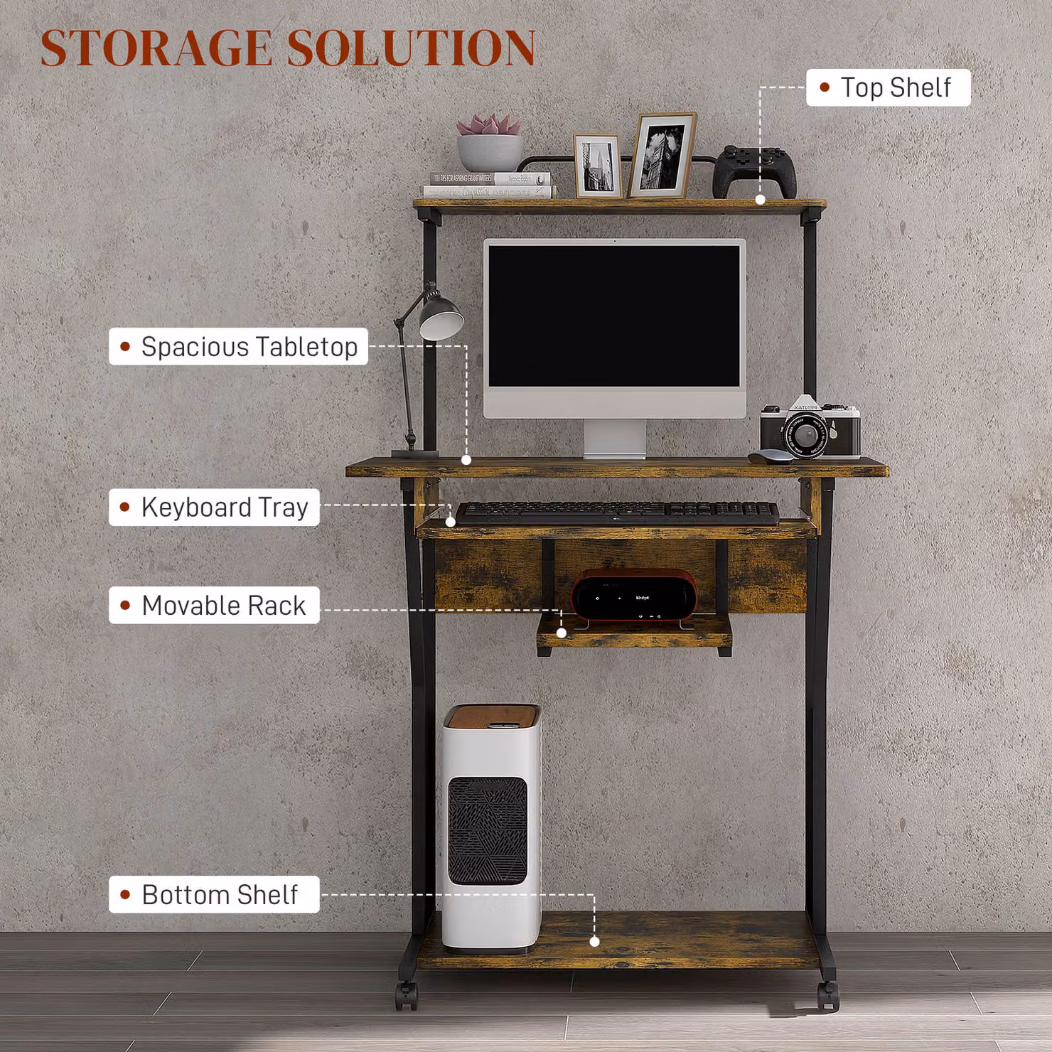 HOMCOM Mobile Computer Desk with Keyboard Tray and Storage Shelves in Rustic Brown – 4
