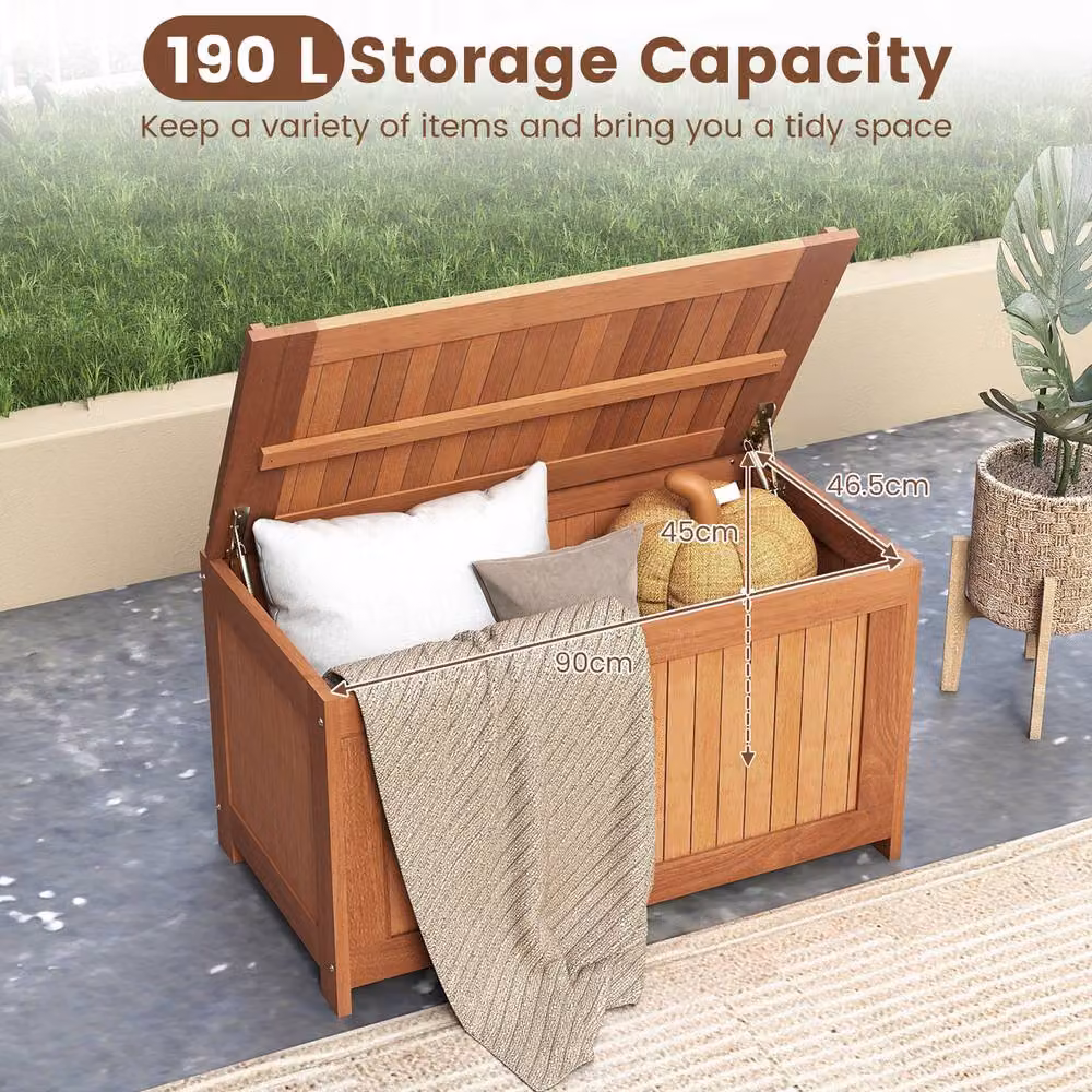 Gymax 190 L Brown Teak Wood Patio Storage Bench Flip Top Deck Box Outdoor Container Chest – 4