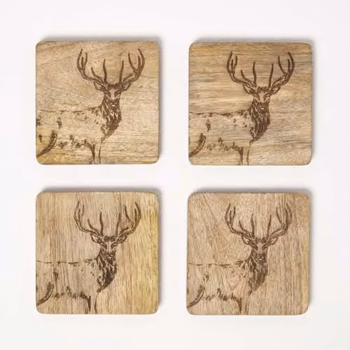HOMESCAPES Brown Wooden Coaster Set with Stag Design, Set of 4, W/D/H: 10 x 10 x 2 cm