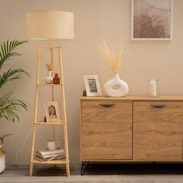 Hiru Wooden 3 Tier Shelf Floor Lamp with Beige Fabric Cylinder Shade in Natural Wood and Yellow