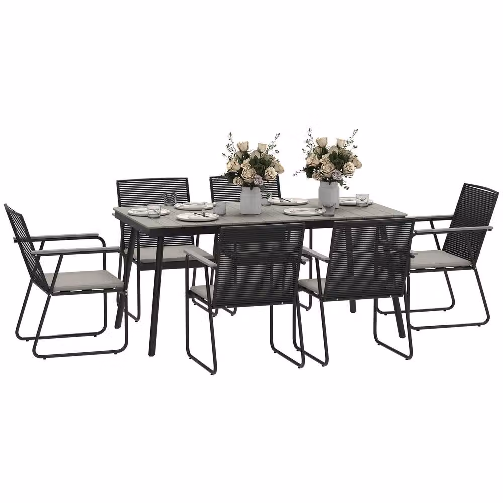 OUTSUNNY 6 Seater Grey Rattan Garden Dining Set with Cushions – 2