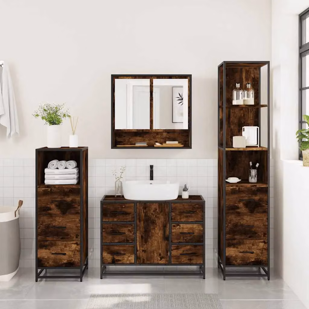 Berkfield Home 4-Piece Industrial Bathroom Furniture Set in Smoked Oak and Brown – 3