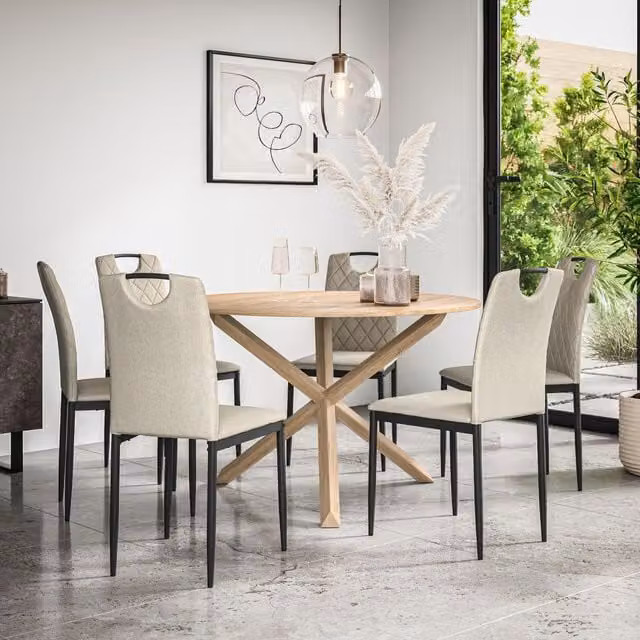 More4Homes Malvern Round Dining Table and 6 Monza Fabric Chairs Set in Oak and Beige, Diameter: 120 cm, Height: 75 cm