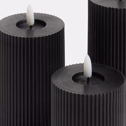OHS Set of 3 Ribbed Black Flameless LED Pillar Candles with Flickering Effect – 4
