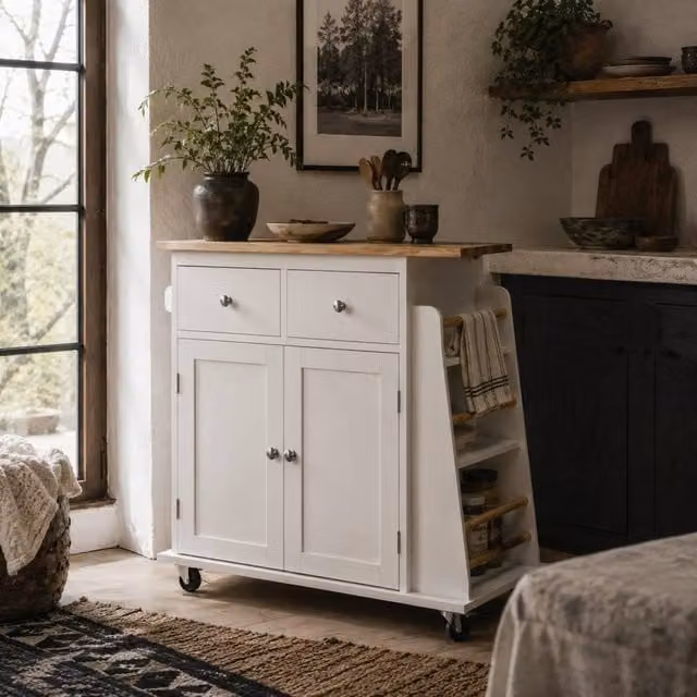 Wyld Haus Mobile Kitchen Island with Rubberwood Top, Drawers, Cabinet and Spice Rack in White, W/D/H: 89.5 x 45.0 x 38.5 cm