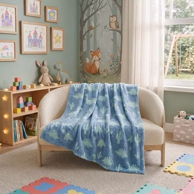 Snug City Glow in the Dark Dinosaur Soft Fleece Blanket for Children in Blue Multicolour