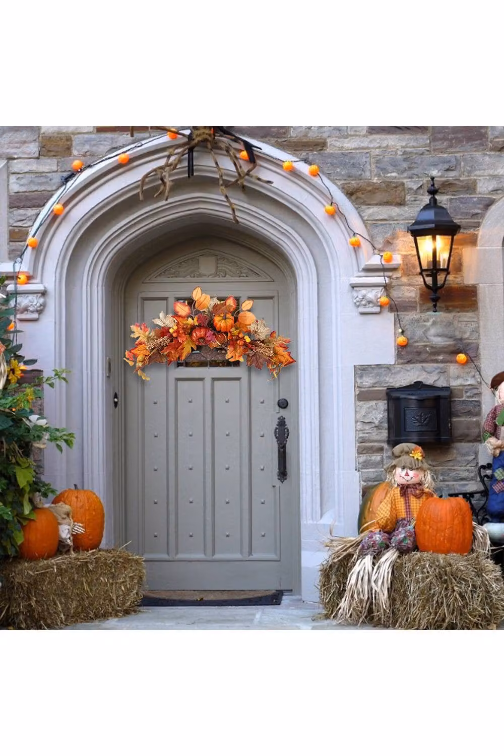 H&O Direct Autumn Swag Garland with LED Lights, Maple Leaves, Berries and Pumpkins, Orange, Length: 60 cm – 2