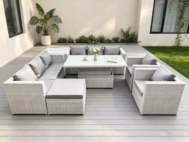 Fimous Rattan Garden Furniture Set in Grey with U-Shape 3-Seater Sofa, Coffee Table and Ottoman