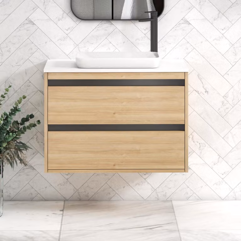 Royal Bathrooms Orion 800mm Natural Oak Wall Hung Vanity Unit with Qubix Basin and Black Accent Trim, White and Black
