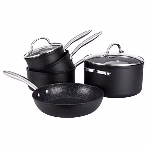 Prestige 5-Piece Non-Stick Aluminium Cookware Set with Stockpot, Saucepan, Frying Pan and Lids in Black – 1