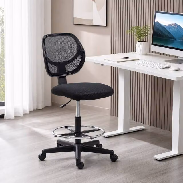 STILVORA Black Fabric Draughtsman Chair with Adjustable Footring and Swivel Function, W/D/H: 50 x 59 x 120 cm – 1