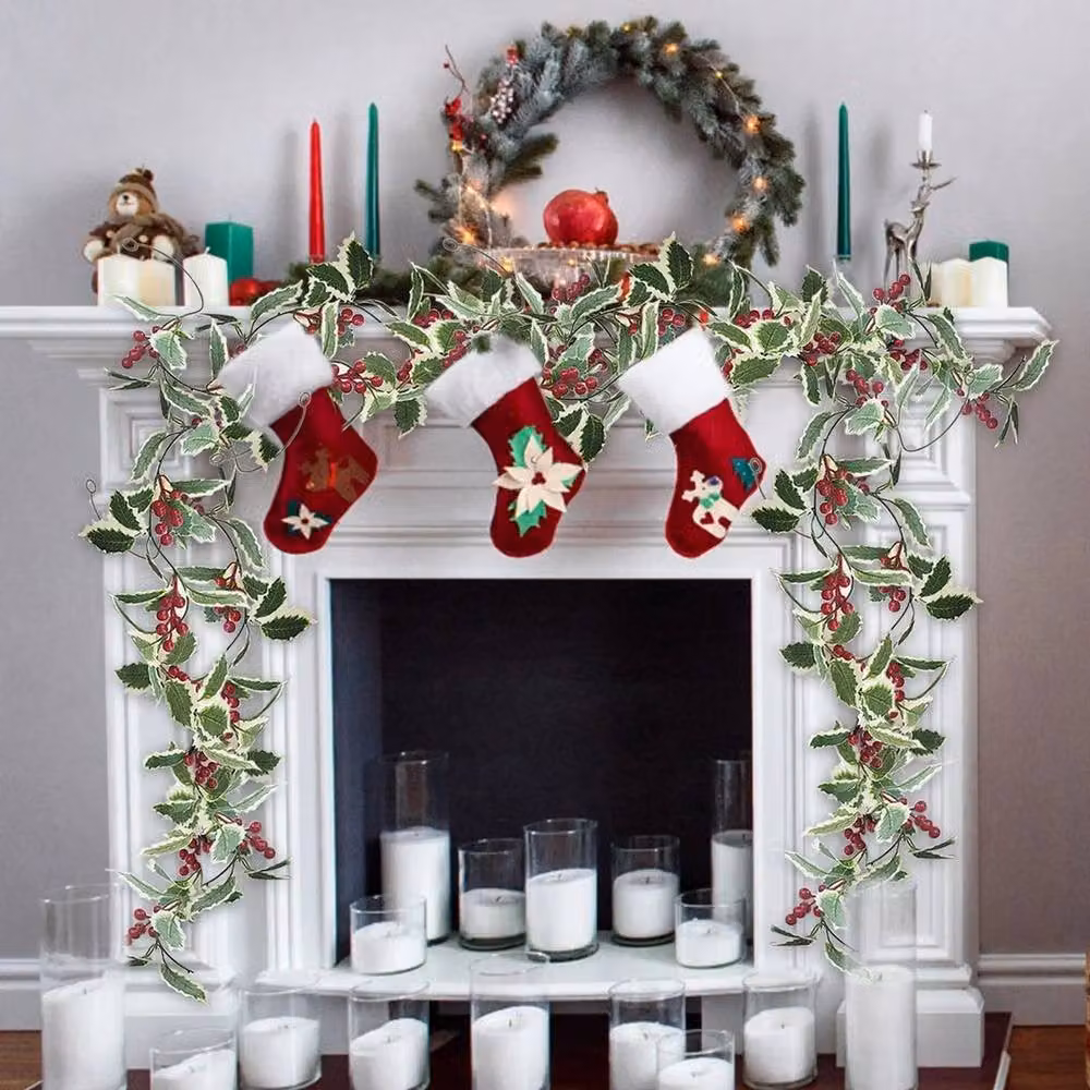 FLAVORA Christmas Holly Leaf Garland with Red Berries in Green, W/D/H: 100 x 15 cm – 4