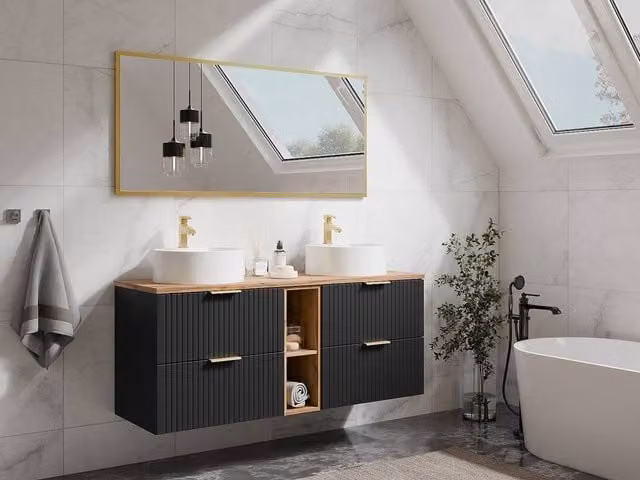 Vente-unique Suspended Striped Bathroom Vanity Unit with Niches and Double Round Sinks in Black – 1