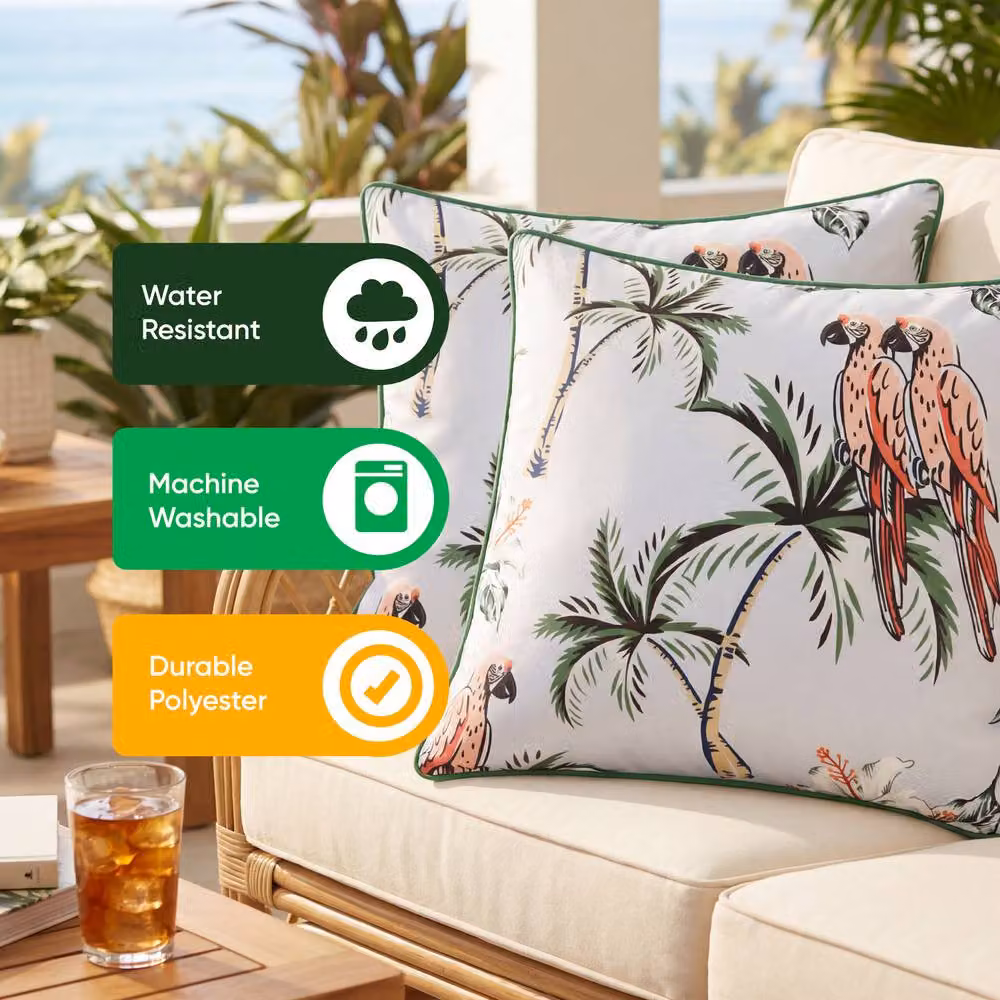 Gardenwize Pack of 2 Pink Parrot Outdoor Square Scatter Cushions with Removable Washable Covers – 4