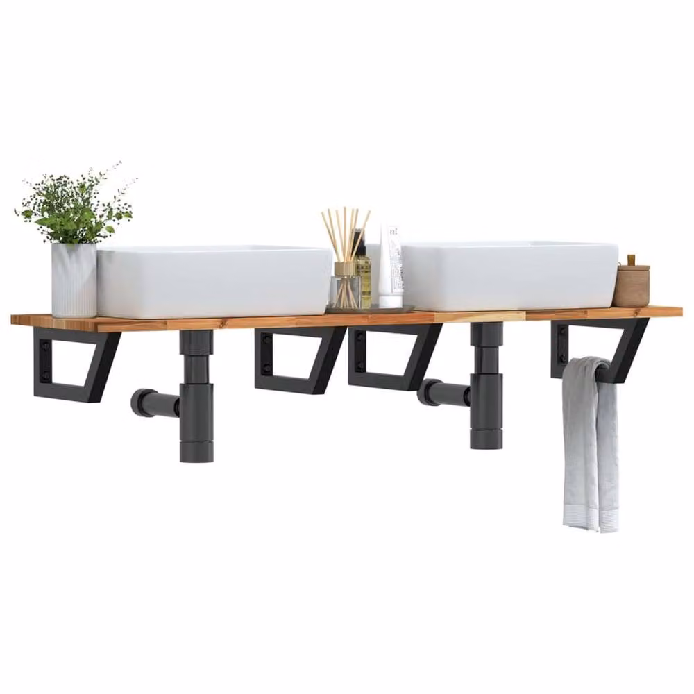 Berkfield Home Wall Mounted Basin Shelf in Brown Steel and Solid Acacia Wood – 2