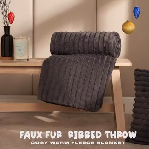 OHS Faux Fur Ribbed Fleece Throw Blanket in Grey, W/D/H: 125 x 150 cm – 2