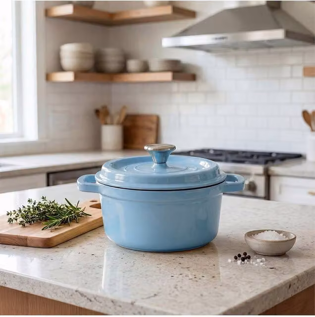 Living and Home Enamelled Cast Iron Dutch Oven Casserole Pot with Glass Lid, Baby Blue