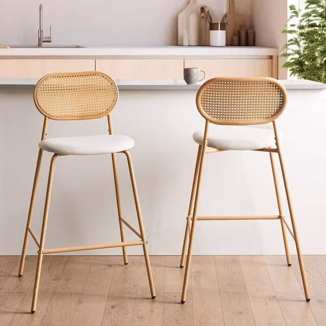 Wyld and Coco Set of 2 Retro Bar Chairs with Rattan-Look Metal Frame and Beige Fabric