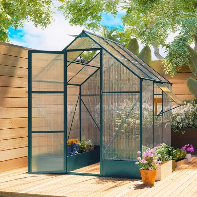 OUTSUNNY Aluminium and Polycarbonate Walk-in Greenhouse with Smart Window in Pale Green, W/D/H: 220 x 190 x 190 cm