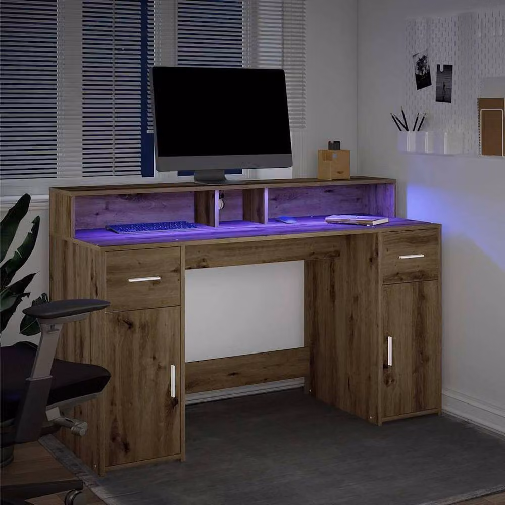 Berkfield Gaming Desk with LED Lights in Artisan Oak Brown, W/D/H: 140 x 55 x 91 cm – 3