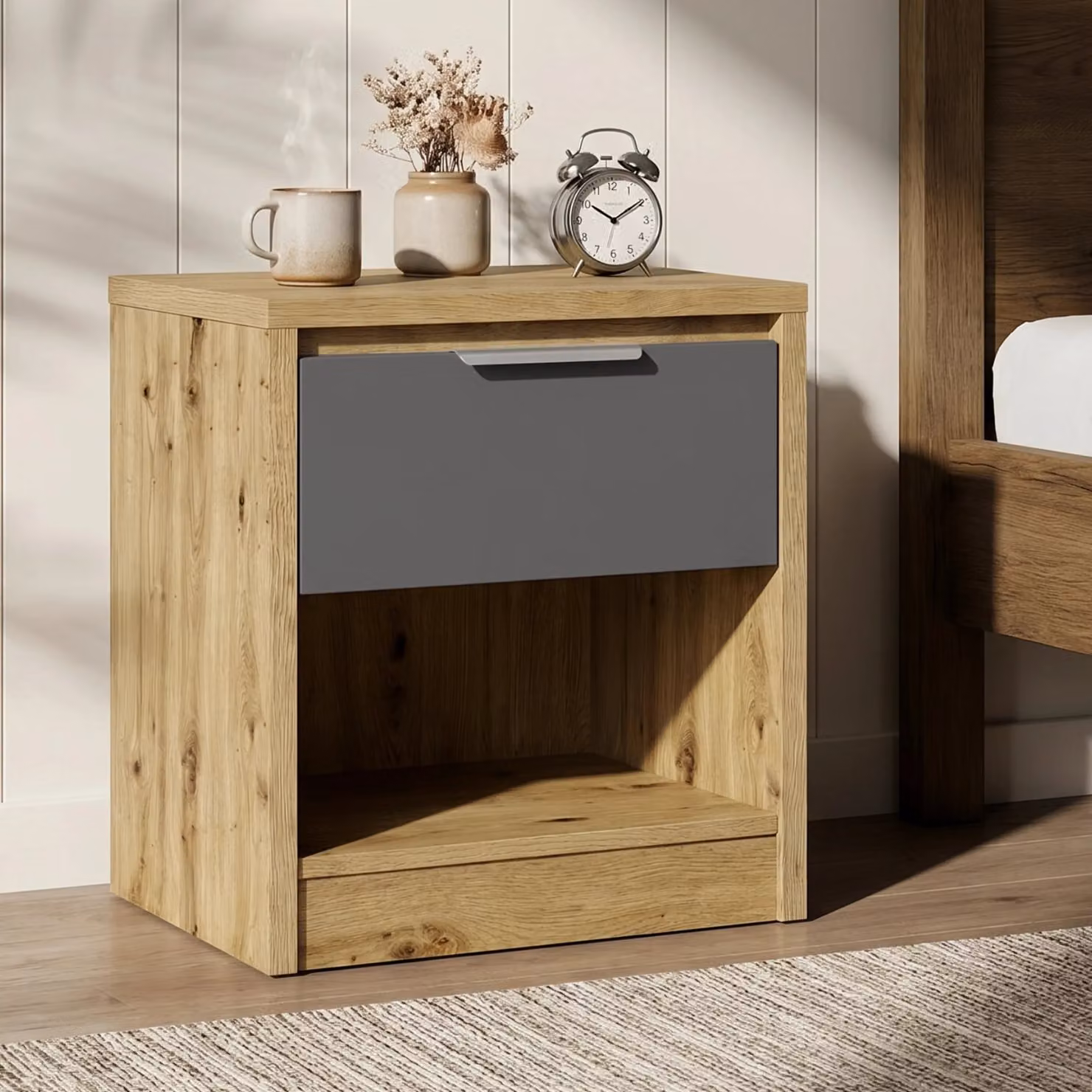 DHS Modern Oak Effect Bedside Table with Drawer and Shelf in Brown and Grey, W: 40 cm, D: 45 cm, H: 52 cm