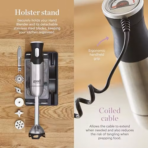 Tower 5-in-1 1000W Digital Hand Blender with Stand and 600ml Beaker in Silver Stainless Steel – 5