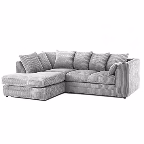 Furnishings For Less UK Luxor 4 Seater Jumbo Cord Corner Sofa in Silver, Left Hand Facing