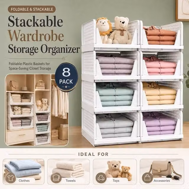 ATEK 8 Pack Foldable and Stackable Wardrobe Storage Organiser Boxes in White – 1