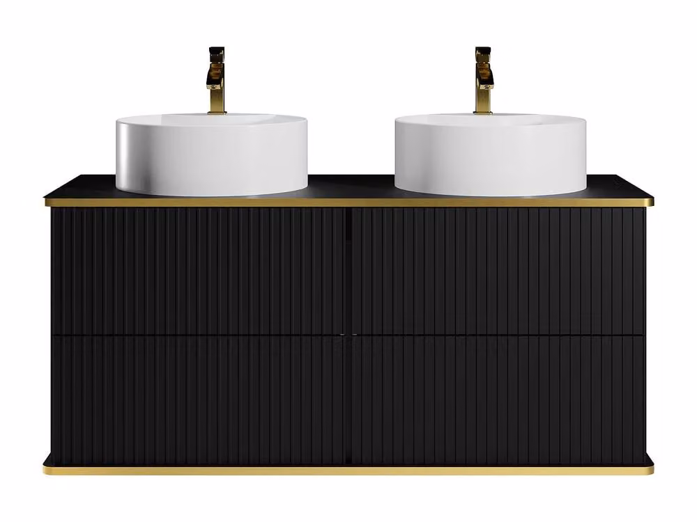 Vente-unique Suspended Grooved Bathroom Cabinet with Gold Trim and Double Round Doors in Black, W/D/H: 120 x 47 x 54 cm – 2