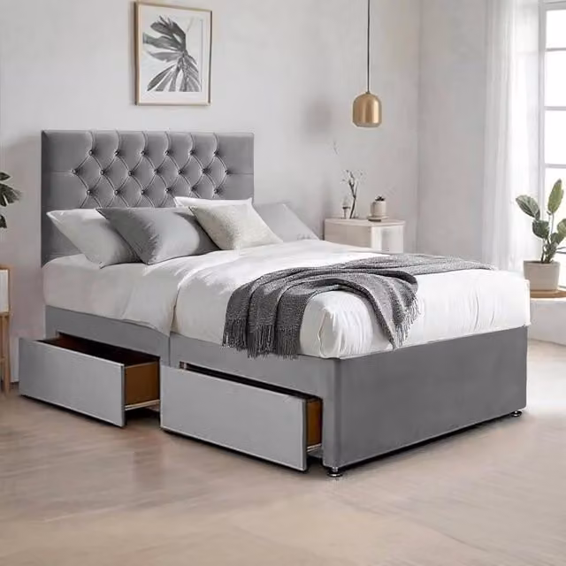 Bed Time UK Plush Double Bed with Mattress, 2 Drawers and 20 inch Grey Chesterfield Headboard, W/D/H: 140 x 200 cm