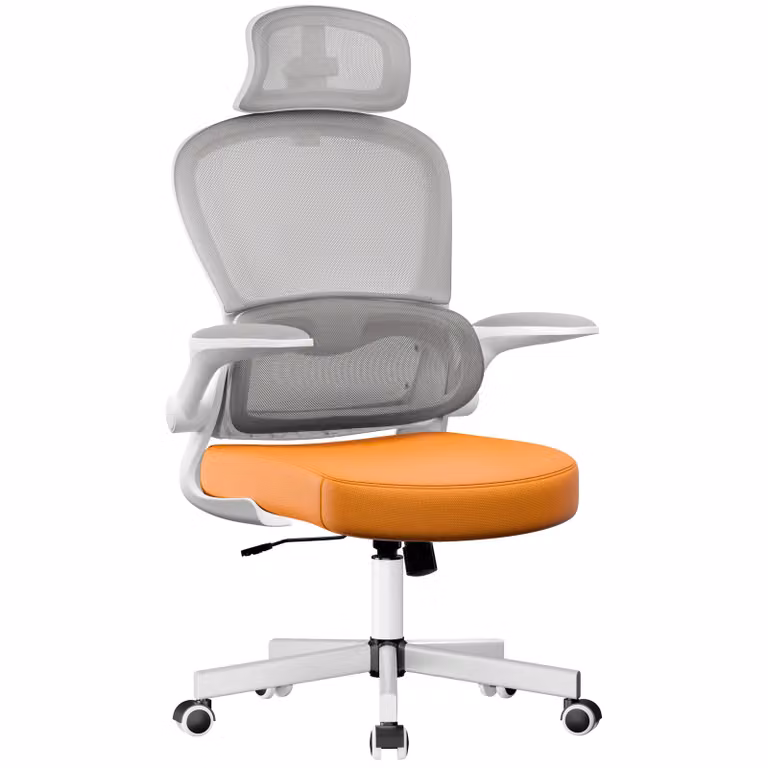 DHS Ergonomic Modern Home Office Computer Chair with Headrest, Armrests and Castors, Orange and Grey Fabric