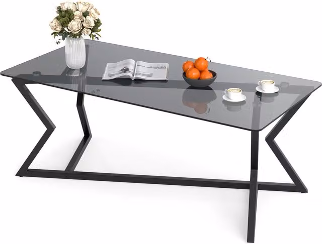Costway Modern Rectangular Folding Coffee Table with Glossy Glass Top and Metal X-Frame in Grey and Black