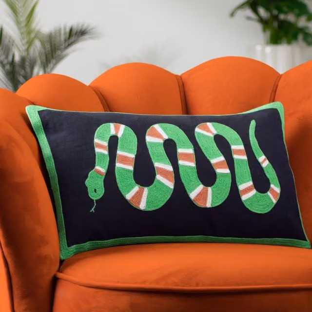 Furn Coral Snake Embroidered Cotton Cushion in Green, W: 50 cm, H: 30 cm, D: 30 cm